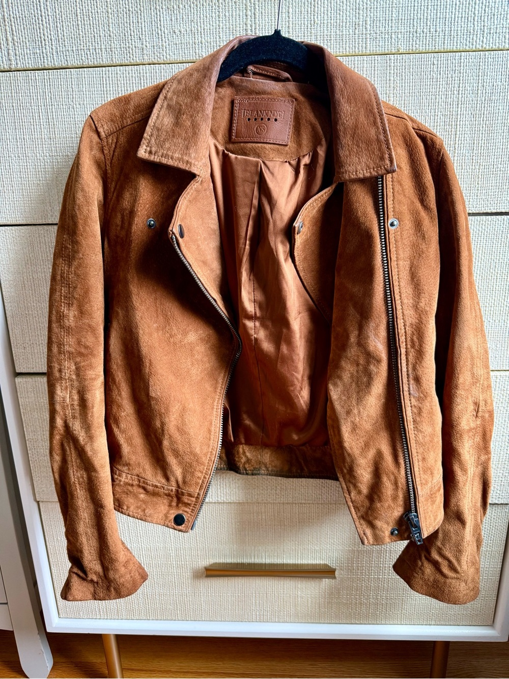 BlankNYC Suede Moto Jacket in Cognac Brown